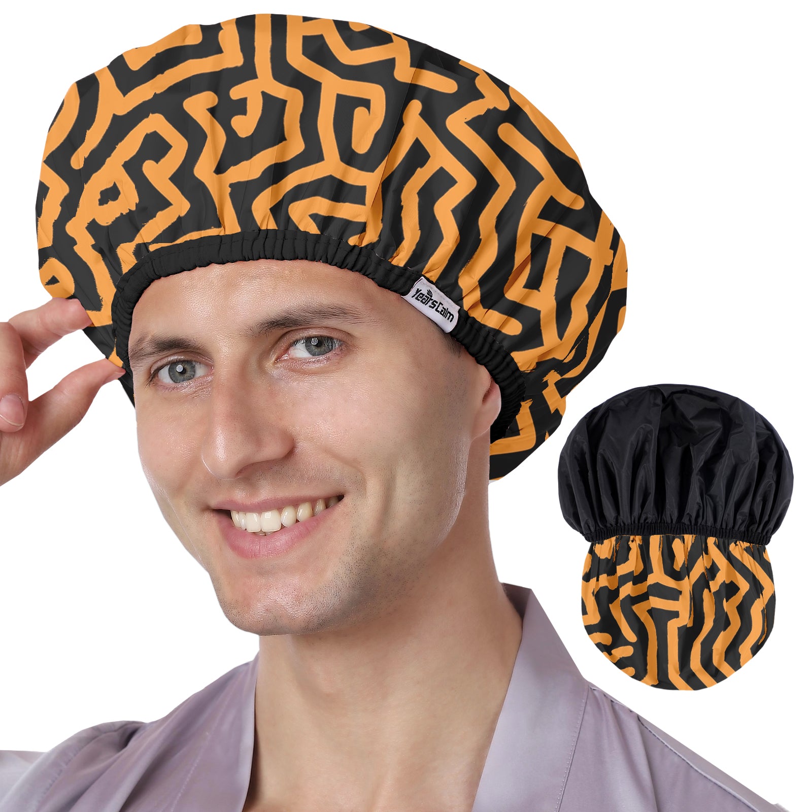 Years Calm Shower Cap Reusable Waterproof for Men, Fashion Dual-Layer Design, Protects Hair in Shower, Spa, Travel & Cooking, Adjustable Elastic for Comfortable Fit (Black & White, One Size)