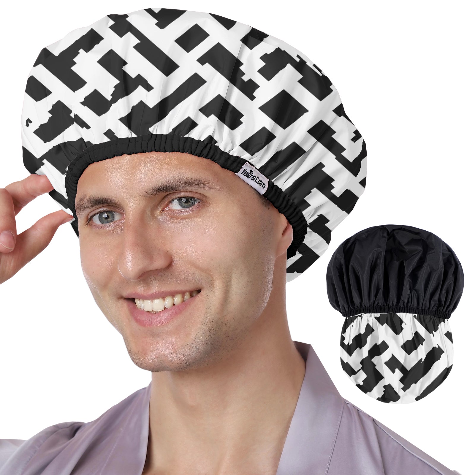 Years Calm Shower Cap Reusable Waterproof for Men, Fashion Dual-Layer Design, Protects Hair in Shower, Spa, Travel & Cooking, Adjustable Elastic for Comfortable Fit (Black & White, One Size)