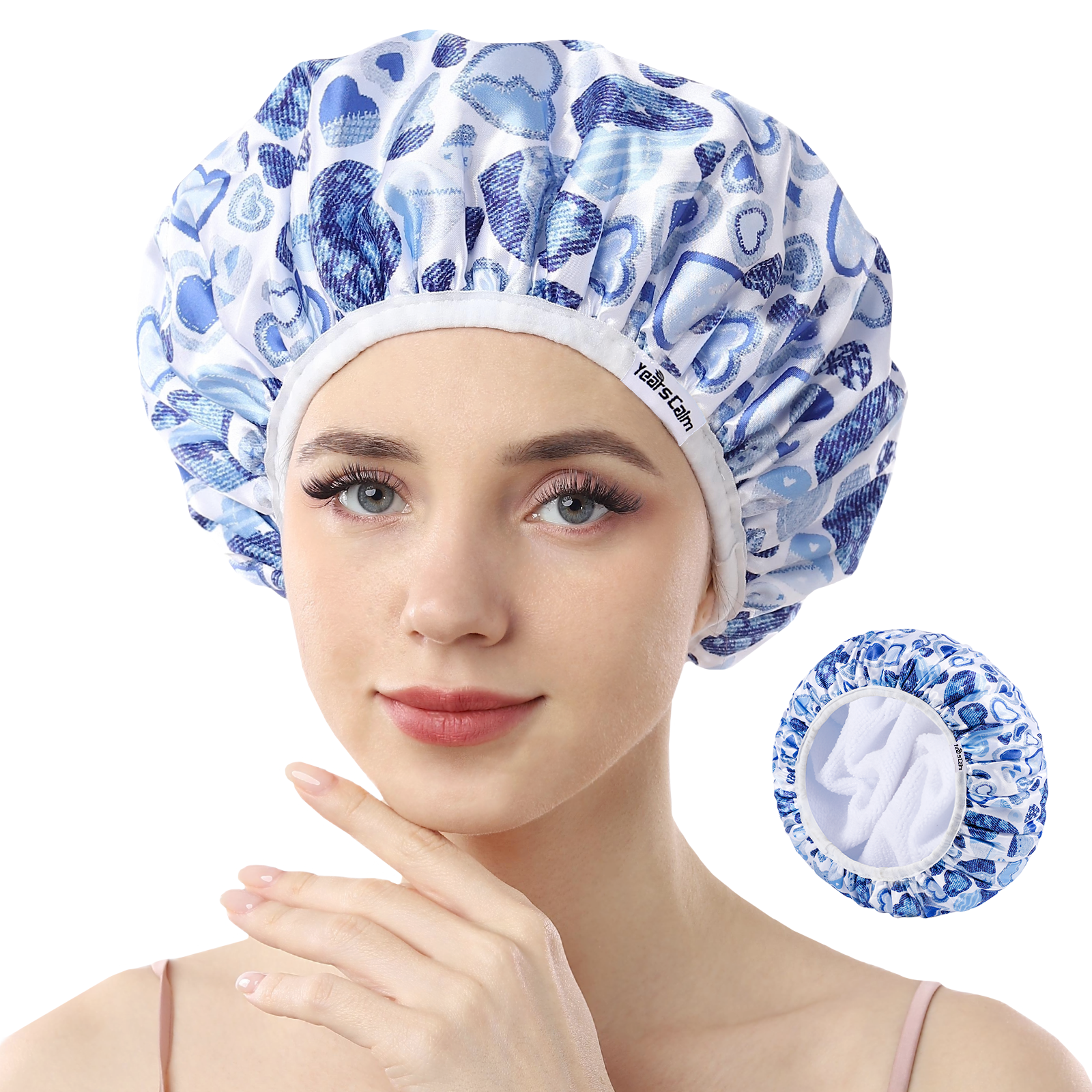 Years calm Terry Lined Shower Cap, Triple Layer Heart motifs,Waterproof Reusable Elastic,Hair Shower Cap for Women,Terry Cloth Shower Cap for Spa,Clean,Trave