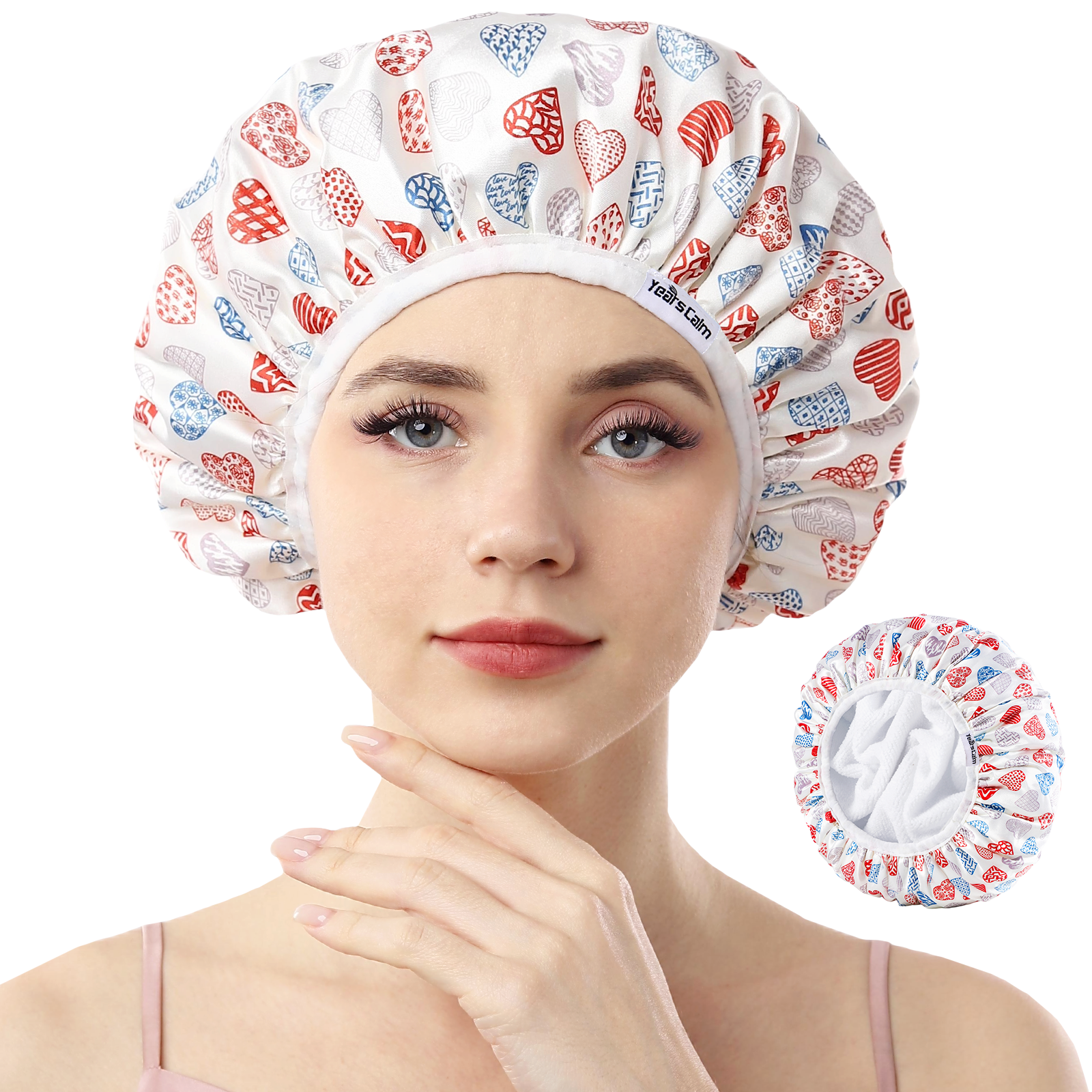 Years calm Terry Lined Shower Cap, Triple Layer Heart motifs,Waterproof Reusable Elastic,Hair Shower Cap for Women,Terry Cloth Shower Cap for Spa,Clean,Trave