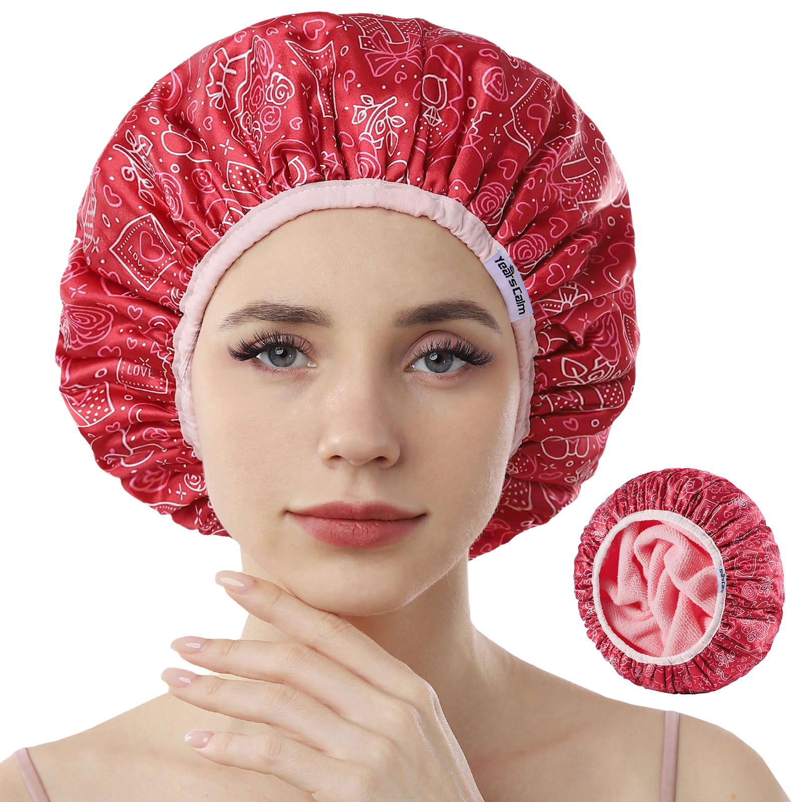 Years calm Terry Lined Shower Cap, Triple Layer Heart motifs,Waterproof Reusable Elastic,Hair Shower Cap for Women,Terry Cloth Shower Cap for Spa,Clean,Trave