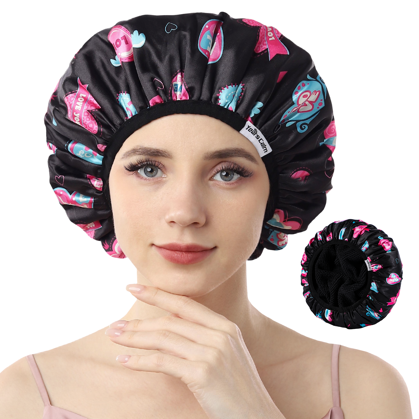 Years calm Terry Lined Shower Cap, Triple Layer Heart motifs,Waterproof Reusable Elastic,Hair Shower Cap for Women,Terry Cloth Shower Cap for Spa,Clean,Trave