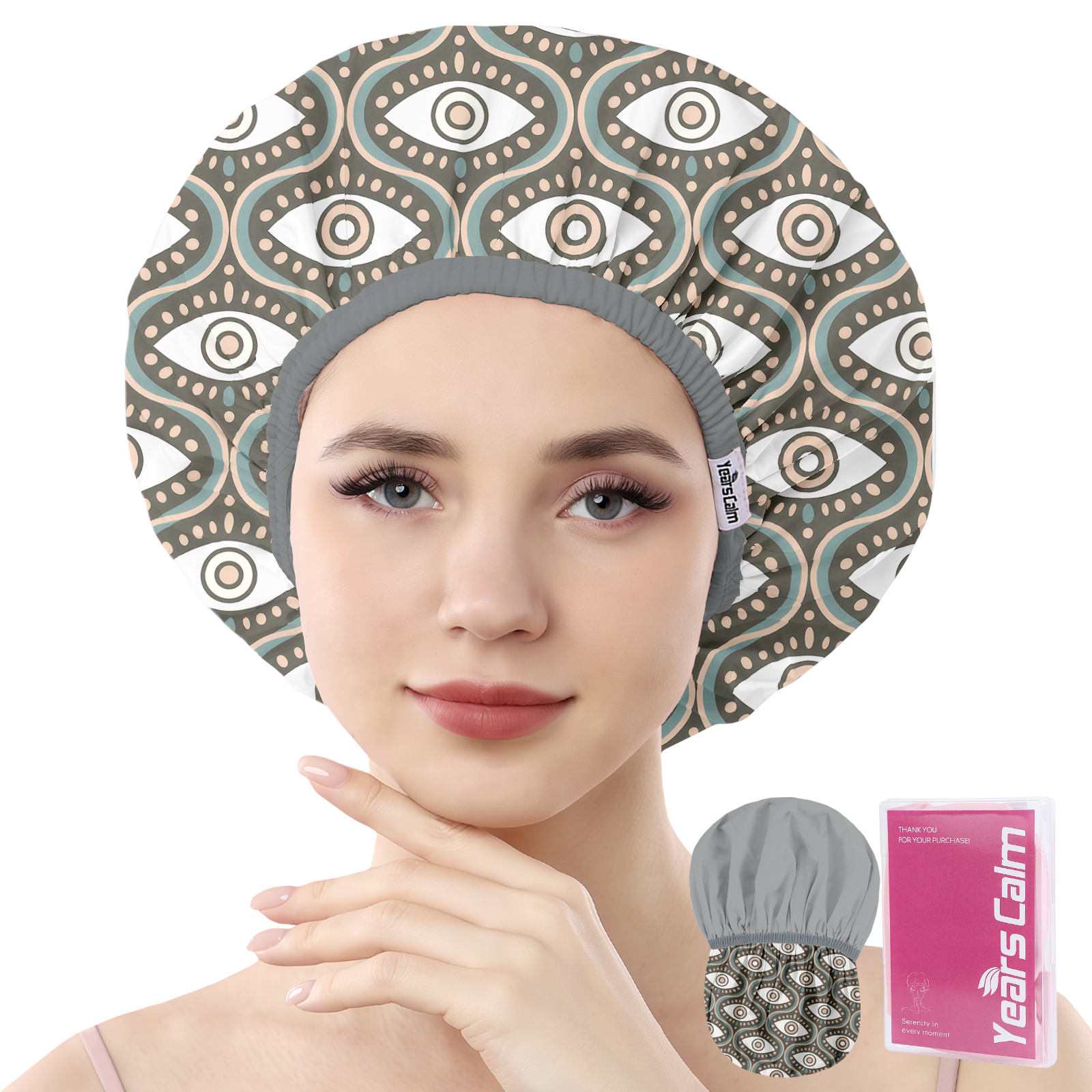 Years Calm Evil Eye Shower Caps for Women Reusable Waterproof, Pattern and Solid Color Dual-Layer Design, Hair Cap for Shower with Elastic Band, Fits Braids, Dreadlocks & Long Hair