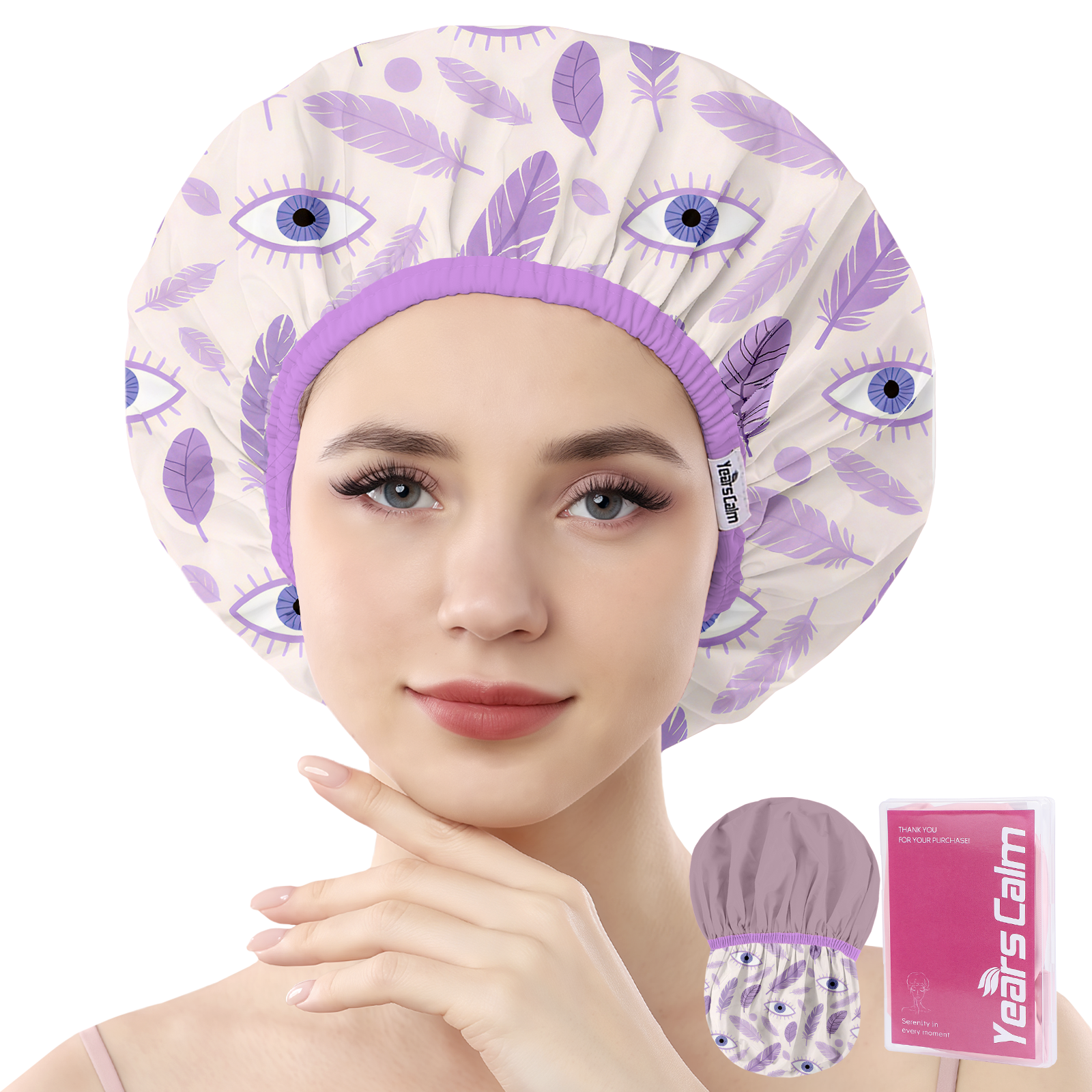 Years Calm Evil Eye Shower Caps for Women Reusable Waterproof, Pattern and Solid Color Dual-Layer Design, Hair Cap for Shower with Elastic Band, Fits Braids, Dreadlocks & Long Hair