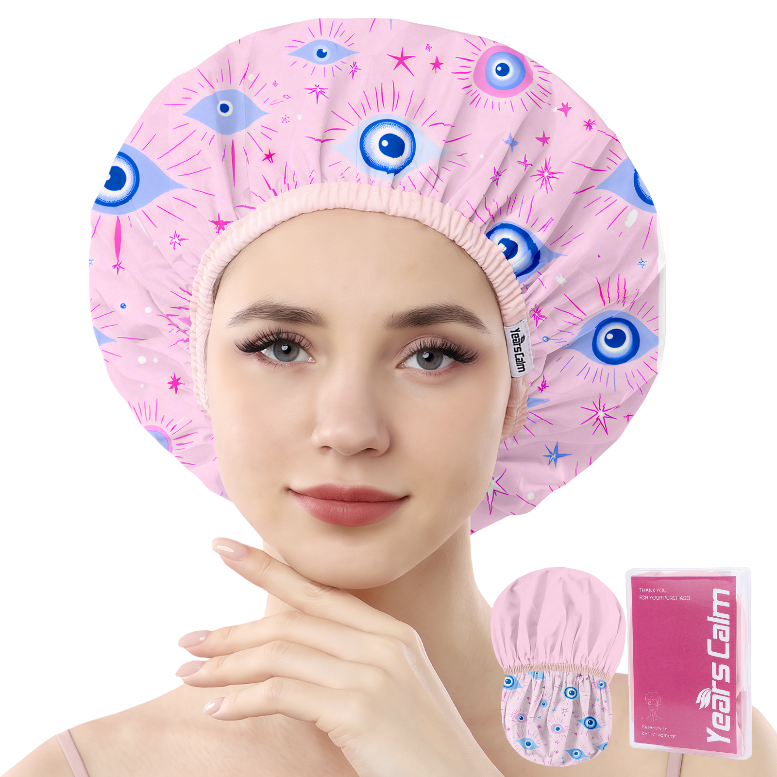 Years Calm Evil Eye Shower Caps for Women Reusable Waterproof, Pattern and Solid Color Dual-Layer Design, Hair Cap for Shower with Elastic Band, Fits Braids, Dreadlocks & Long Hair
