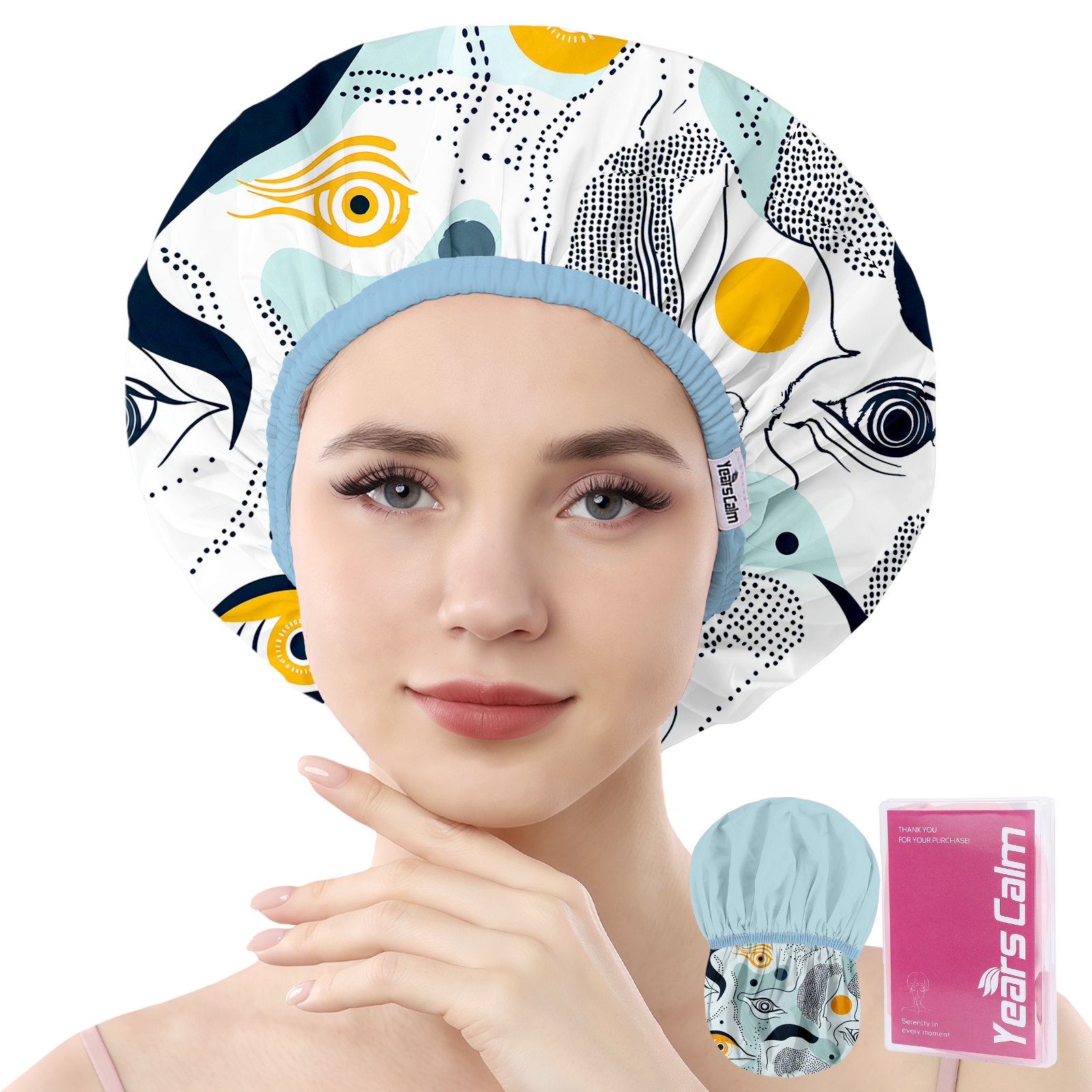 Years Calm Evil Eye Shower Caps for Women Reusable Waterproof, Pattern and Solid Color Dual-Layer Design, Hair Cap for Shower with Elastic Band, Fits Braids, Dreadlocks & Long Hair