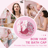 Years calm Detachable Bowknot Shower Cap for Women, Waterproof & Reusable Shower Cap with 2 Hair Tie, Double Layer, Satin Lined Shower Hat for Various Hairstyles, Fit Spa, Travel, Shower