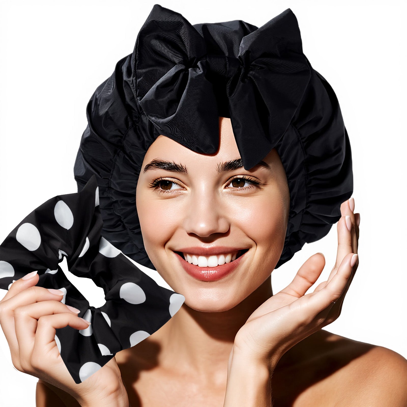 Years calm Detachable Bowknot Shower Cap for Women, Waterproof & Reusable Shower Cap with 2 Hair Tie, Double Layer, Satin Lined Shower Hat for Various Hairstyles, Fit Spa, Travel, Shower