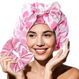 Years calm Detachable Bowknot Shower Cap for Women, Waterproof & Reusable Shower Cap with 2 Hair Tie, Double Layer, Satin Lined Shower Hat for Various Hairstyles, Fit Spa, Travel, Shower