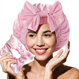 Years calm Detachable Bowknot Shower Cap for Women, Waterproof & Reusable Shower Cap with 2 Hair Tie, Double Layer, Satin Lined Shower Hat for Various Hairstyles, Fit Spa, Travel, Shower
