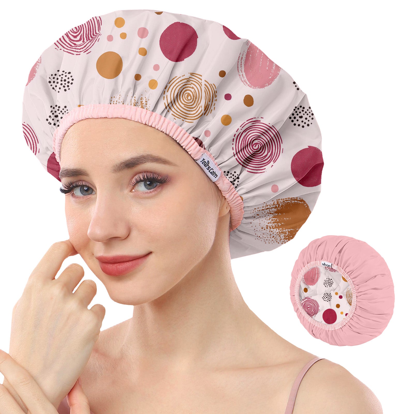 Years calm Luxury Shower Caps for Women Reusable Waterproof – Polka Dot Double Layer Bath Cap with Adjustable Elastic for Braids & Long Hair, Comfortable & Stylish, Versatile Use