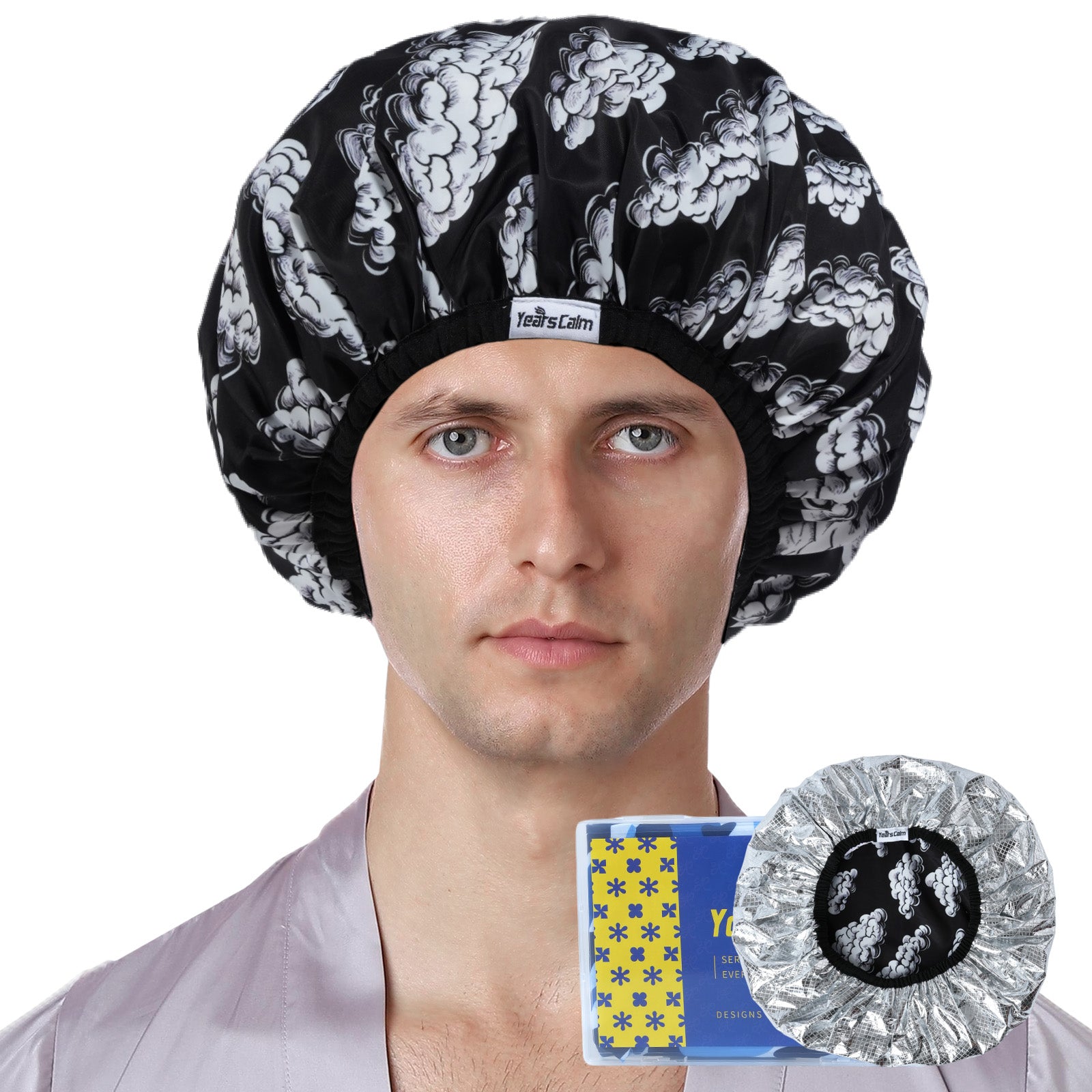 Years calm Shower Cap for Men, Waterproof Heat Cap for Deep Conditioning– Reusable Hair Treatment Cap with Foil Lining, Stretchable Elastic Band, Stylish Print, for  Steam Therapy, Hair Mask, Oil
