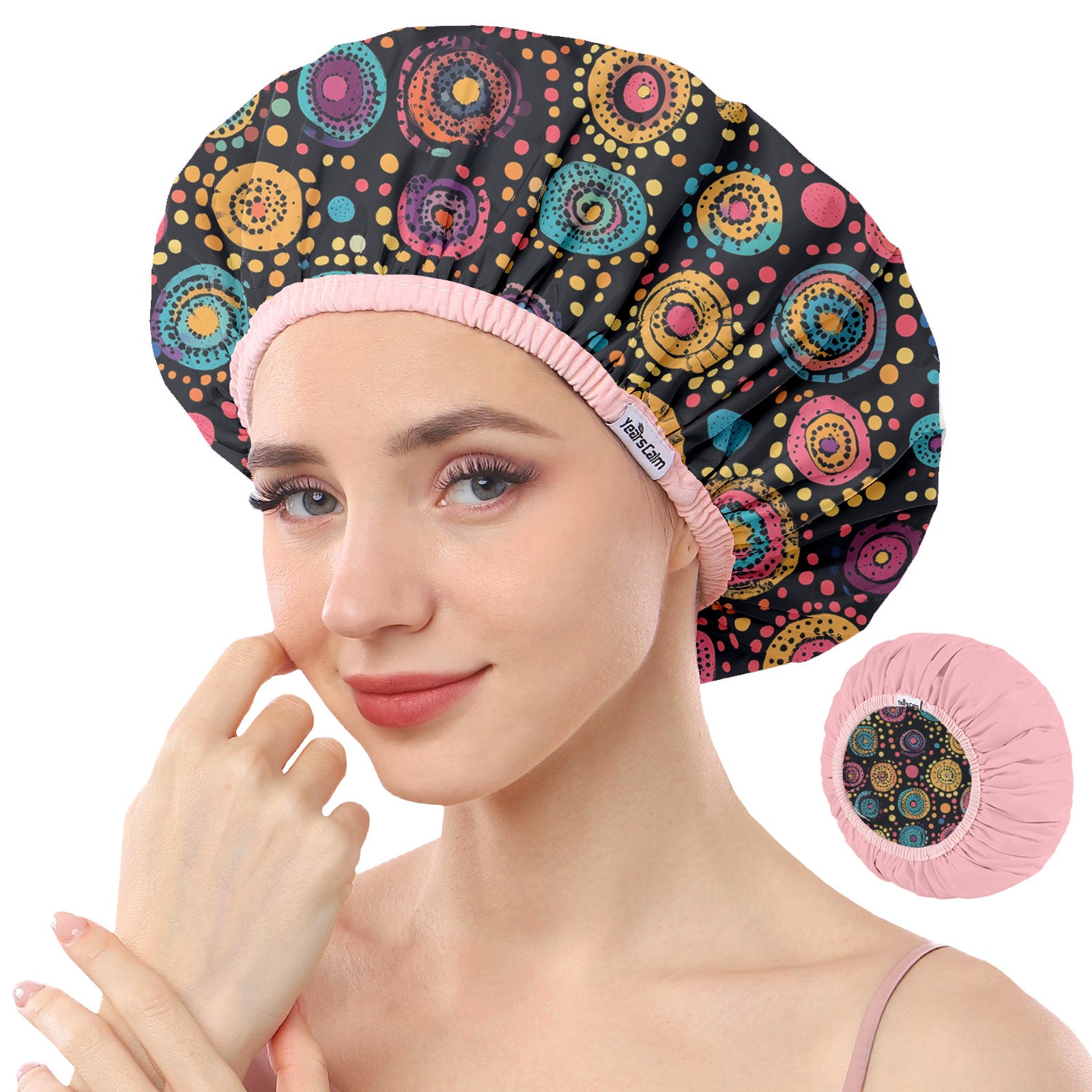 Years calm Luxury Shower Caps for Women Reusable Waterproof – Polka Dot Double Layer Bath Cap with Adjustable Elastic for Braids & Long Hair, Comfortable & Stylish, Versatile Use
