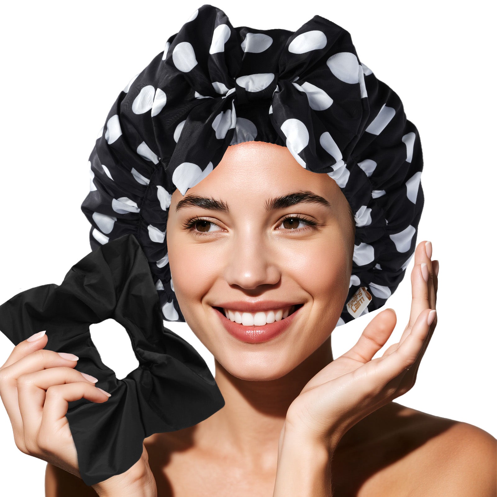Years calm Detachable Bowknot Shower Cap for Women, Waterproof & Reusable Shower Cap with 2 Hair Tie, Double Layer, Satin Lined Shower Hat for Various Hairstyles, Fit Spa, Travel, Shower