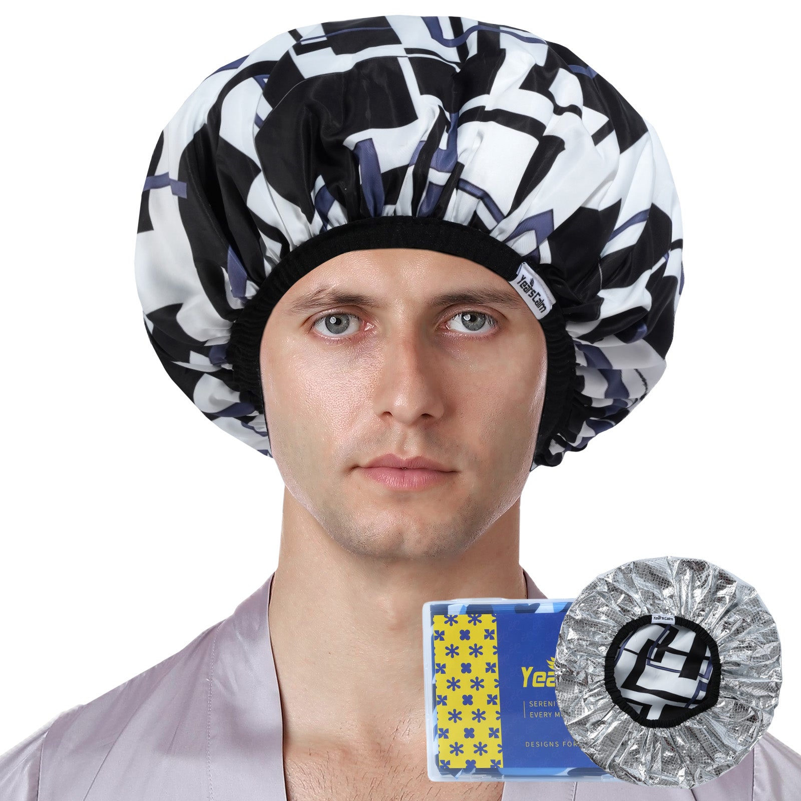 Years calm Shower Cap for Men, Waterproof Heat Cap for Deep Conditioning– Reusable Hair Treatment Cap with Foil Lining, Stretchable Elastic Band, Stylish Print, for  Steam Therapy, Hair Mask, Oil