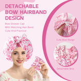 Years calm Detachable Bowknot Shower Cap for Women, Waterproof & Reusable Shower Cap with 2 Hair Tie, Double Layer, Satin Lined Shower Hat for Various Hairstyles, Fit Spa, Travel, Shower