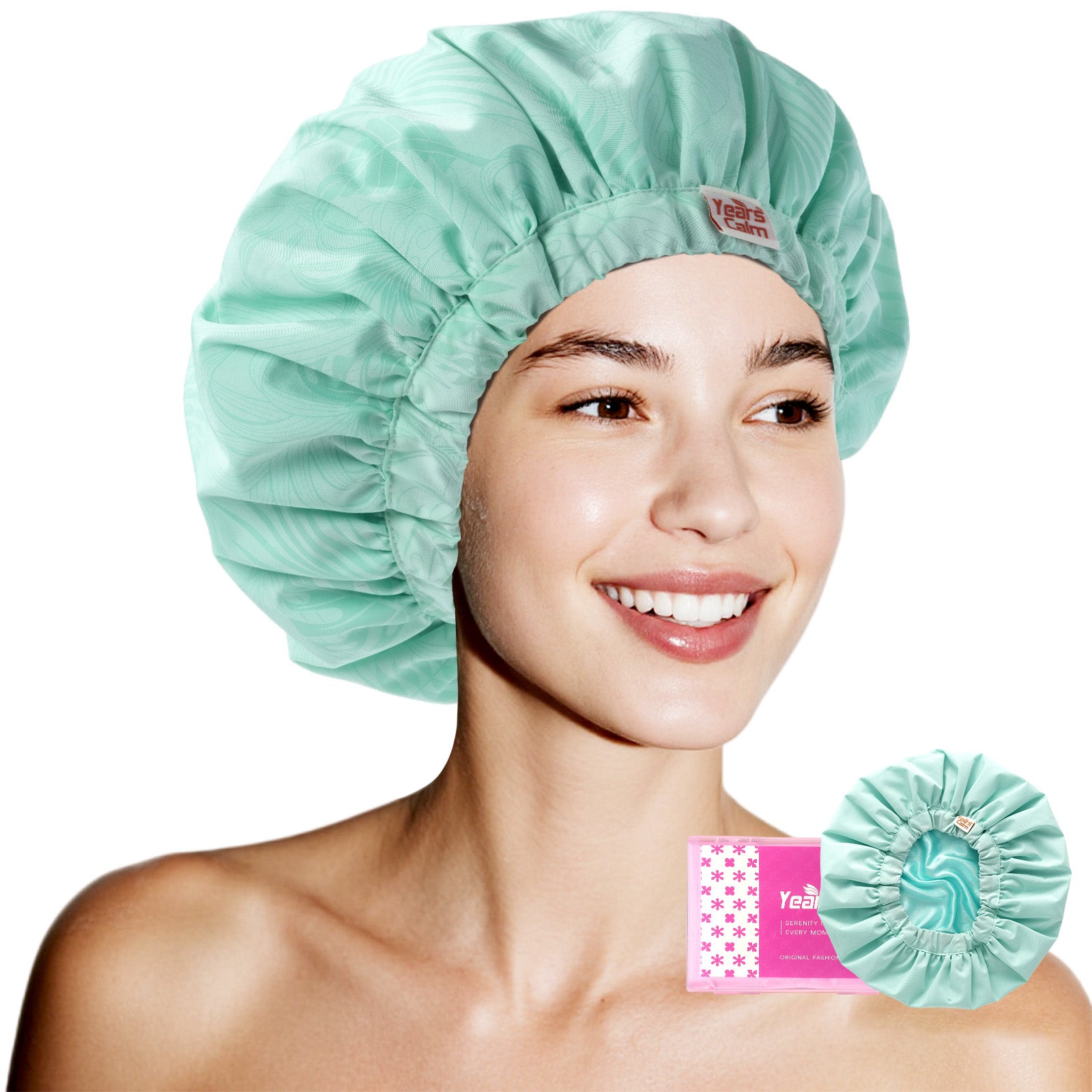 Years Calm Water-Activated Flower-Pattern Shower Cap, Waterproof Shower Cap for Women - Reusable, Satin Lining, Bathing Cap for Various Hairstyles, Fits Spa/Shower/Cooking