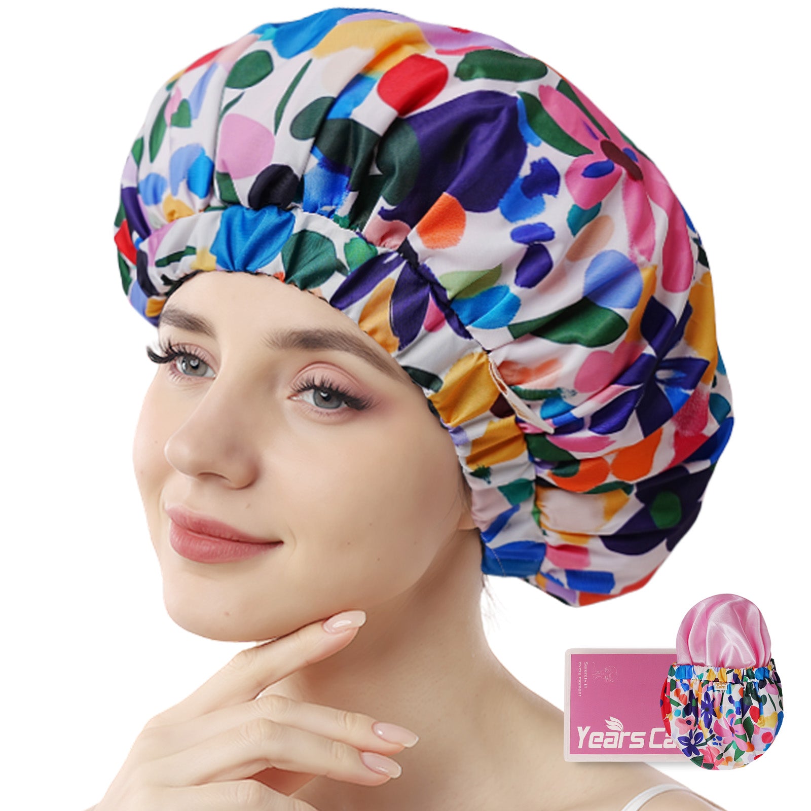 Years Calm Shower Caps for Women Reusable Waterproof, Double-Layer Extra Large Adjustable Elastic Hair Cap for Shower for Long Hair & Braids, Travel & Home