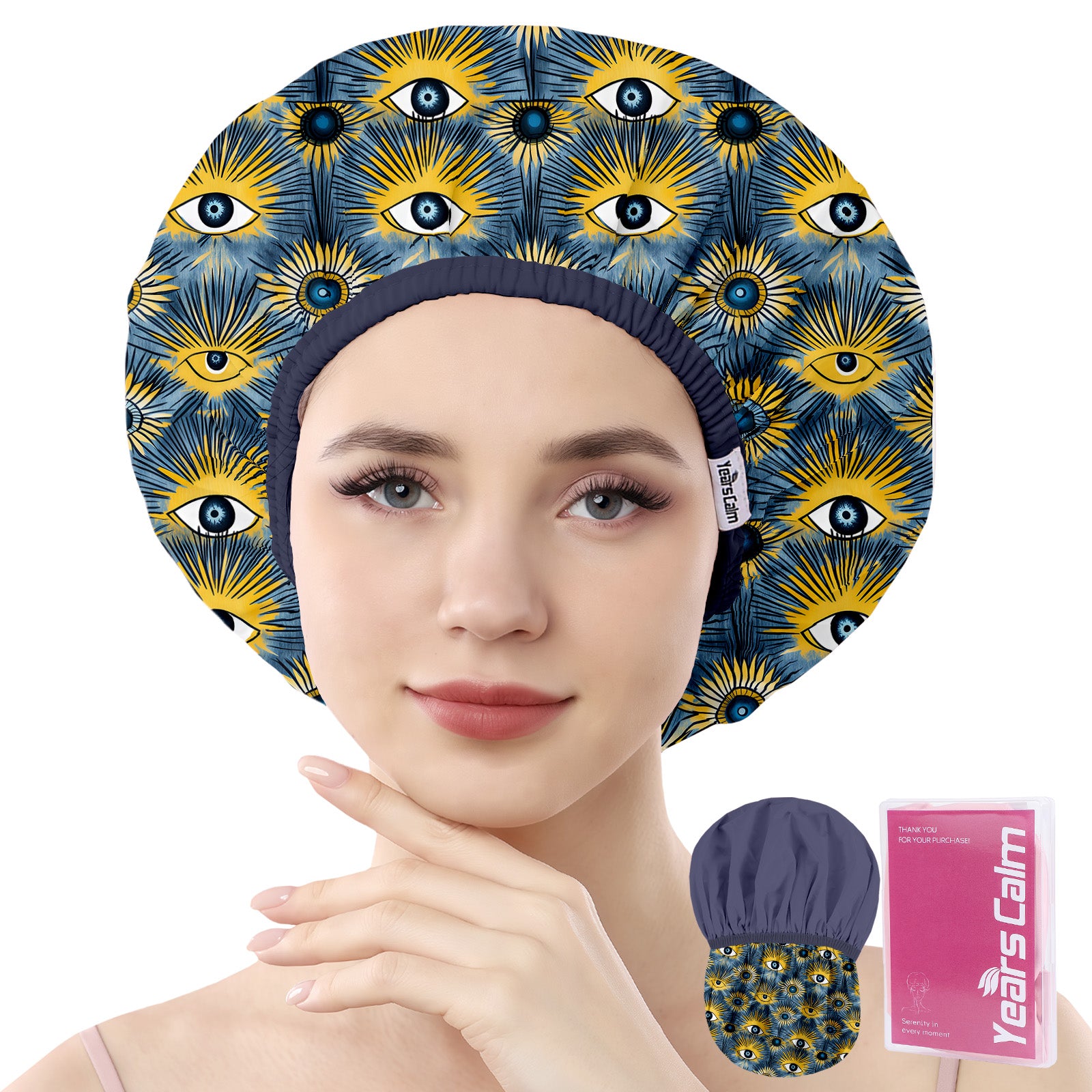 Years Calm Evil Eye Shower Caps for Women Reusable Waterproof, Pattern and Solid Color Dual-Layer Design, Hair Cap for Shower with Elastic Band, Fits Braids, Dreadlocks & Long Hair