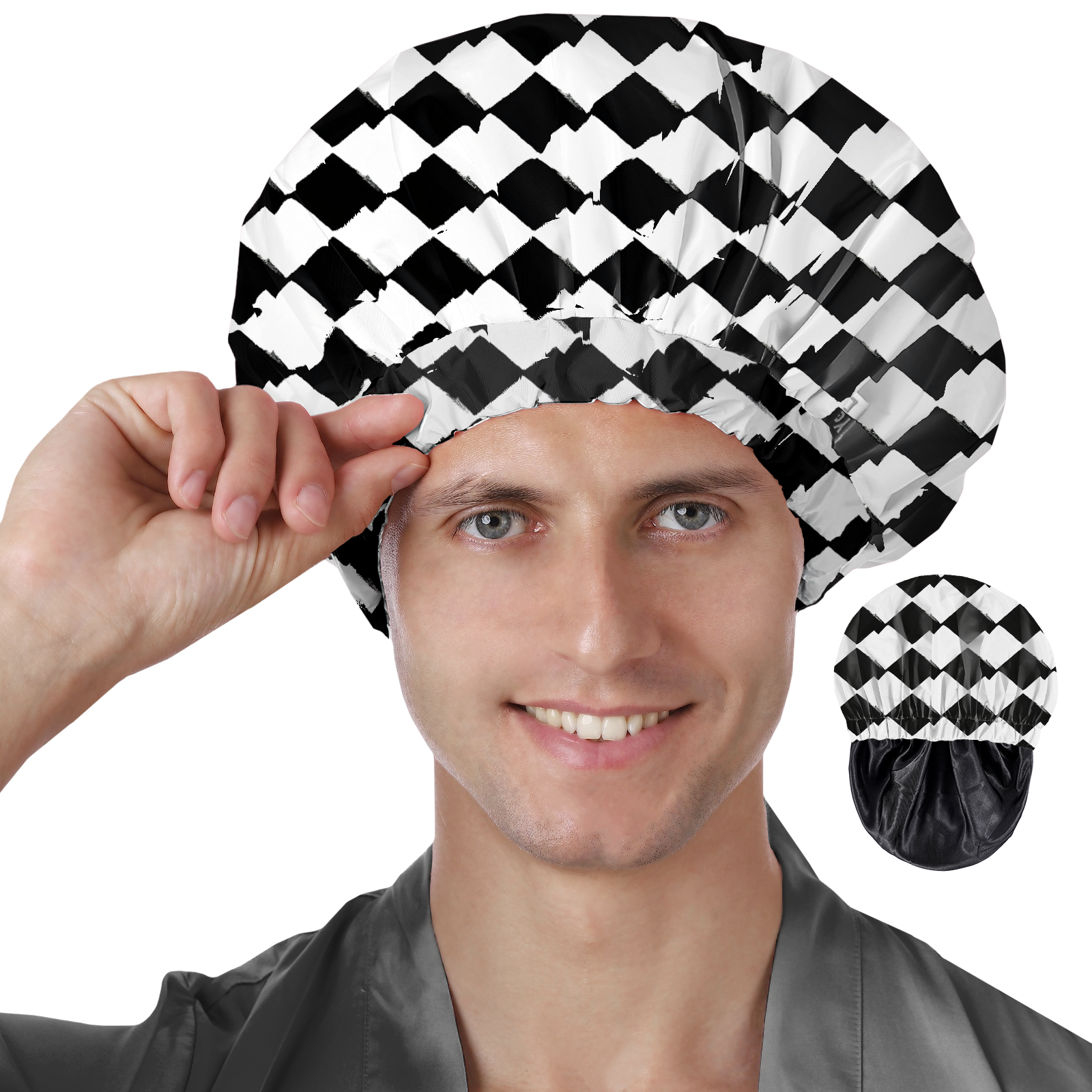 Years calm Shower Cap for Men Waterproof Reusable - Fashion Dual-Layer Design, Adjustable Elastic Band for Long & Curly Hair, XL Bath & Spa Cap for Travel, Satin Lined Shower Cap Black