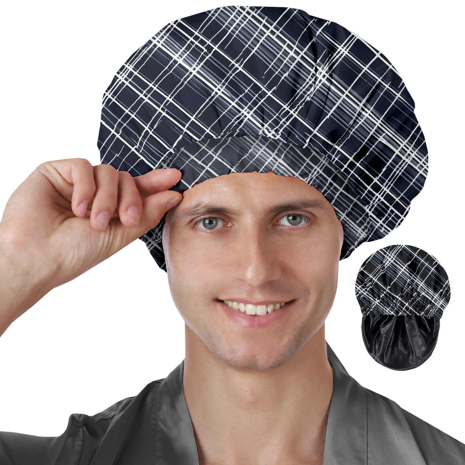 Years calm Shower Cap for Men Waterproof Reusable - Fashion Dual-Layer Design, Adjustable Elastic Band for Long & Curly Hair, XL Bath & Spa Cap for Travel, Satin Lined Shower Cap Black