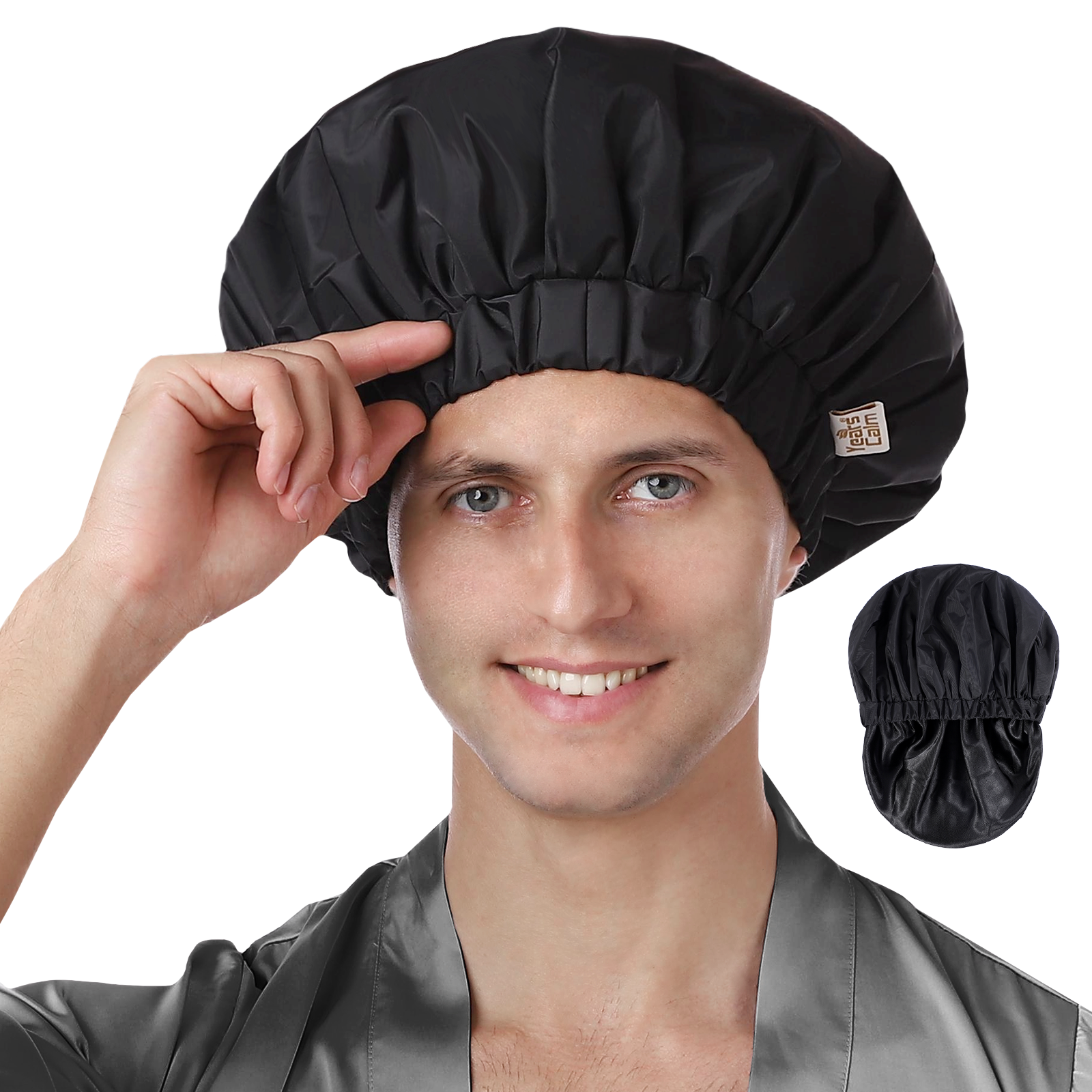 Years calm Shower Cap for Men Waterproof Reusable - Fashion Dual-Layer Design, Adjustable Elastic Band for Long & Curly Hair, XL Bath & Spa Cap for Travel, Satin Lined Shower Cap Black